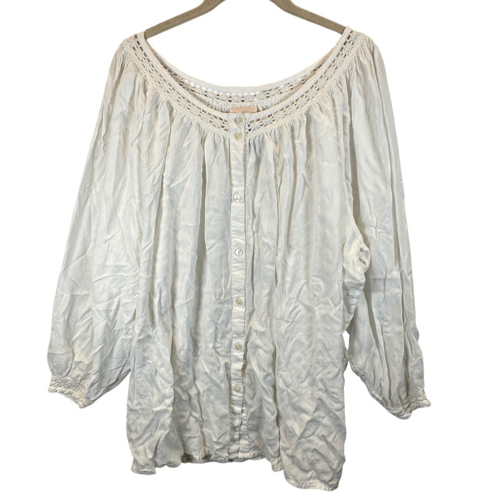 Roaman's White Rayon Crochet Trim Button Front Blouse 1X 30-8051-2